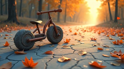 An AI-generated, high-detail image of a forlorn, rusted tricycle resting on a sun-drenched, cracked urban sidewalk, symbolizing forgotten joy and enduring loss.
