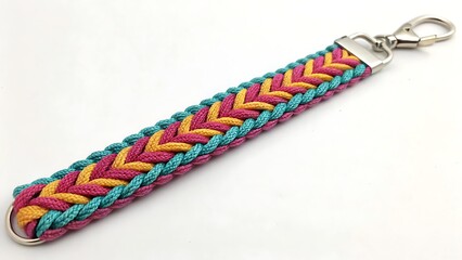 Colorful braided keychain with metal clasp on white background