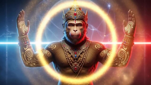 Cinematic 3D mythic simian deity portrait with ornate crown halo and glowing energy ring.