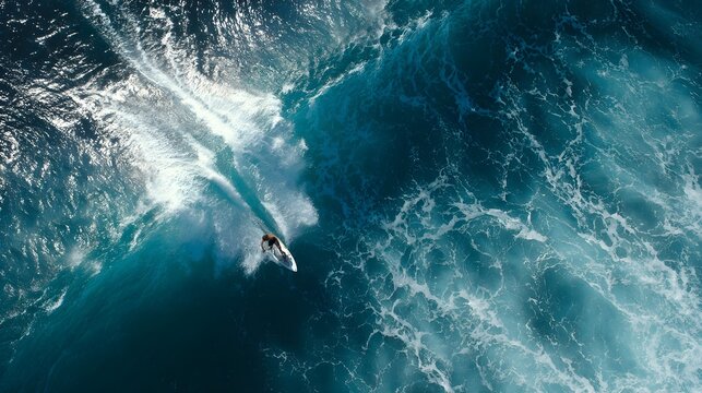 Aerial view of surfer riding powerful ocean wave, turquoise water, extreme sports, dynamic action.