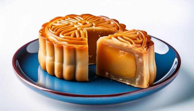 closeup of a cut mooncake on a blue plate