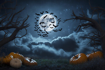 Happy Halloween background with moon, branches, bats in the background