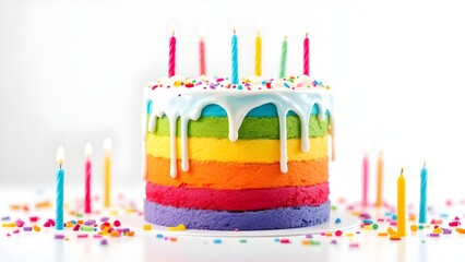 Rainbow Layer Birthday Cake with Candles, isolated on transparent background