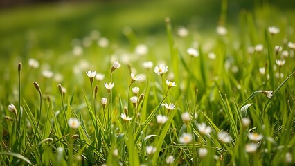 A serene spring meadow dotted with delicate wildflowers under soft natural sunlight.