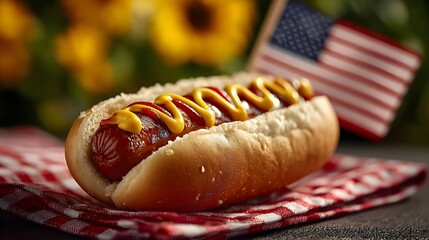 A delicious hot dog with mustard and ketchup sits near an American flag ready to celebrate July fourth.
