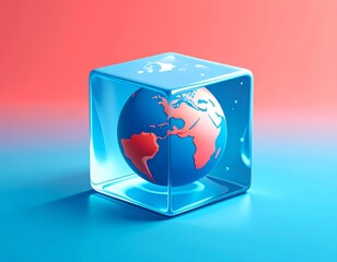 Minimalist vector of melting ice cube with Earth globe inside