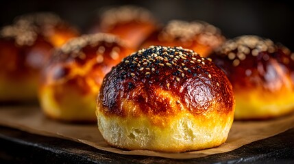 Freshly baked burger buns sprinkled with black sesame seeds sit ready for grilling on parchment paper now.