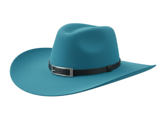 Isolated teal cowboy hat with brown band and metal buckle, rancher headwear for western style