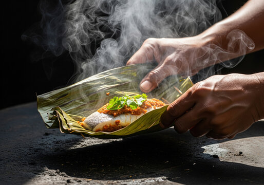 Steaming Hot Tripuri Mui Borok Fish Wrapped in Banana Leaf Served on Dark Surface