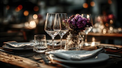 Elegant table setting with wine glasses and a floral arrangement at a dimly lit upscale restaurant venue.
