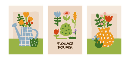 Bright, colorful modern abstract vector posters set. Minimalistic flowers and plants in a watering can and vase. Home decor Flower Market wall art collection.