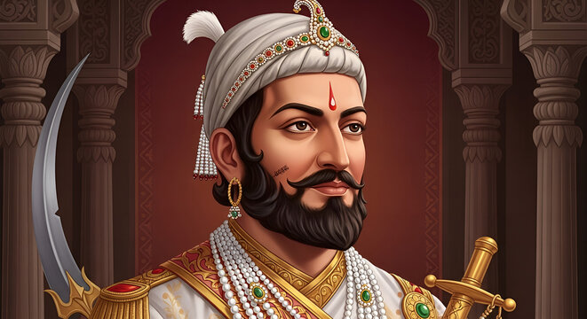 Digital Painting of Maratha Ruler Shivaji Maharaj Portrait with Detailed Ornament