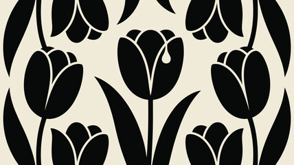 Elegant black tulip pattern on cream background, a timeless floral design perfect for sophisticated branding and decor projects.