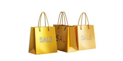 Golden shopping bags displaying sale signs in bright yellow color scheme