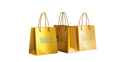 Golden shopping bags displaying sale signs in bright yellow color scheme
