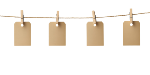 Four blank price tags hanging on twine isolated on white background