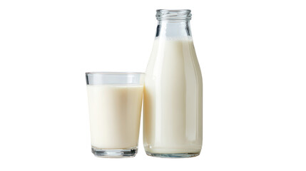 Glass bottle and glass filled with milk isolated on transparent background