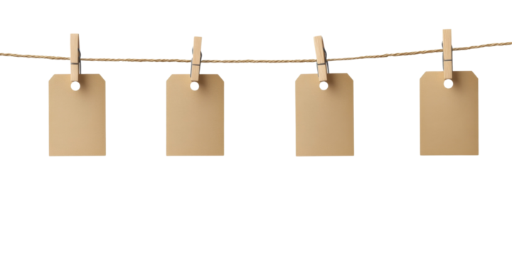 Four blank price tags hanging on twine isolated on white background