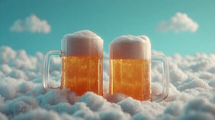Two refreshing glasses of beer sit amidst fluffy white clouds against a bright, sunny sky backdrop.