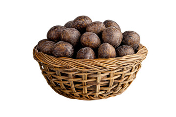 Rustic woven basket filled with cola nuts isolated on transparent background