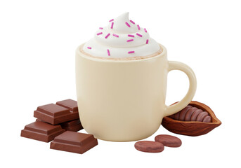 Isolated Cup of Hot Chocolate with Whipped Cream and Chocolate Pieces in a Beige Cup