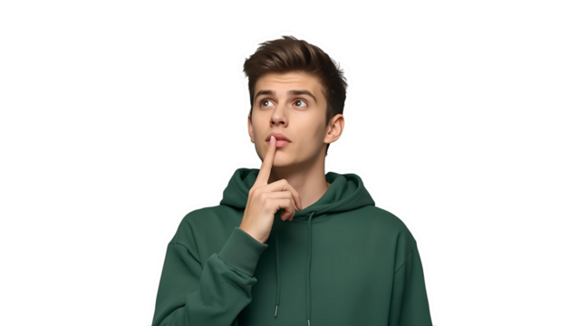 Young man tilts his head, puzzled but intrigued.