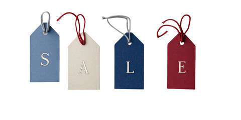 Colorful sale tags with blue, white, and red designs