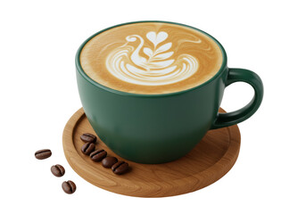 Isolated latte coffee cup with swan latte art, sitting on a wooden saucer with beans