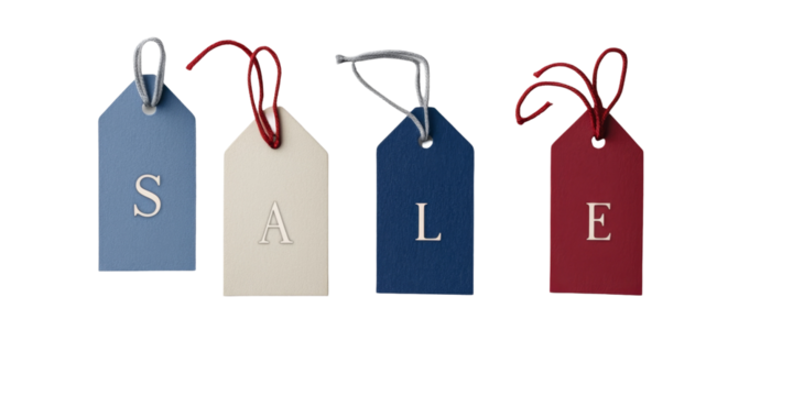 Colorful sale tags with blue, white, and red designs