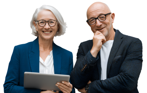 businessperson with a tablet standing isolated on a transparent background