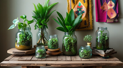 Bohemian Interior Decor with Plants in Glass Jars and Rustic Wall Hangings