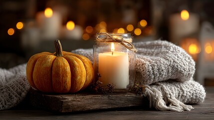 A lit candle in a jar sits next to a small pumpkin on a wooden board with soft sweater and lights.