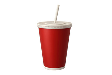 Red disposable paper cup with straw on transparent background