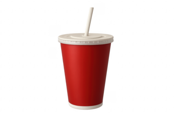 Red disposable paper cup with straw on transparent background