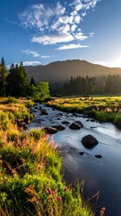 Scenic mountain stream at dawn