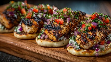 Grilled fish sits on pita bread with chopped tomatoes and onions on a rustic wooden cutting board top view.