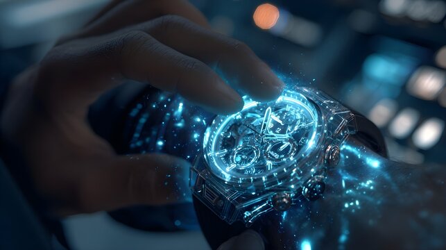 Futuristic smartwatch interface with glowing digital network, technology concept, innovation, and connected lifestyle.