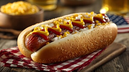 Delicious hot dog topped with mustard, ketchup, and chopped onions rests on a red checkered napkin.