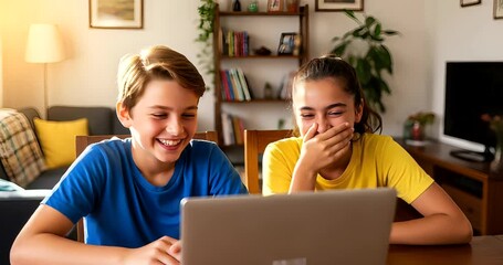 Two Happy Children Laughing Together While Using a Laptop at Home having fun, online learning - Powered by Adobe