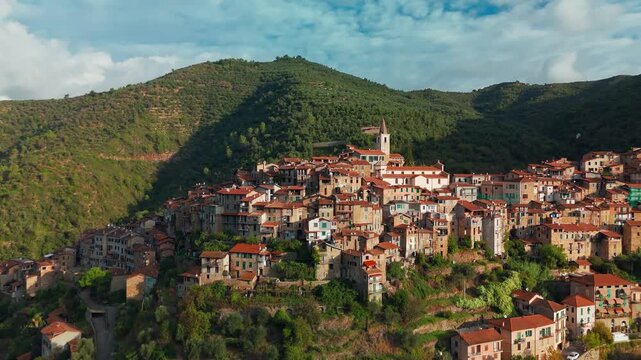 Aerial view of the picturesque hilltop town of Apricale, Liguria, Northern Italy