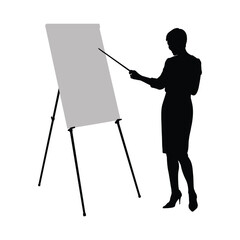 A businesswoman giving presentation pointing on whiteboard at client meeting black silhouette vector illustration.