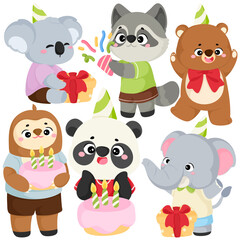 Cute cartoon animal birthday party illustration with koala raccoon bear sloth panda elephant cake candle gift hat and festive celebration element in colorful design for children