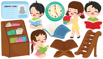 Cute cartoon library illustration with child reading book library card bookshelf open book clock ladder and education element in colorful design for learning and knowledge theme