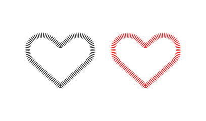 Two abstract heart shapes one black and white one red with textured lines