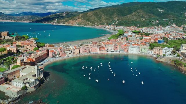 Aerial view of the picturesque resort town of Sestri Levante in Liguria, Italy