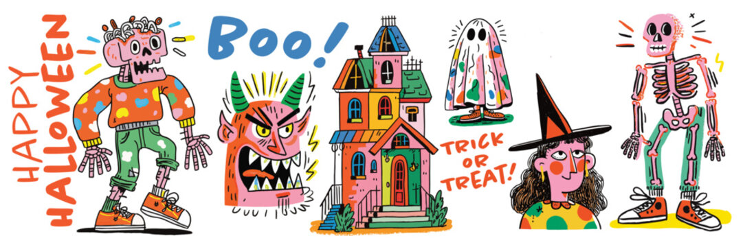 Hand drawn style halloween doodles featuring halloween monster characters