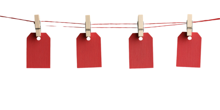 Red tags hanging on clothesline with wooden clothespins against black background
