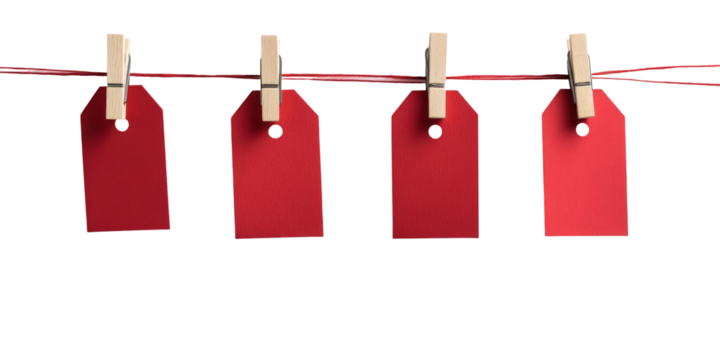 Four red blank tags hanging on a string with wooden clothespins