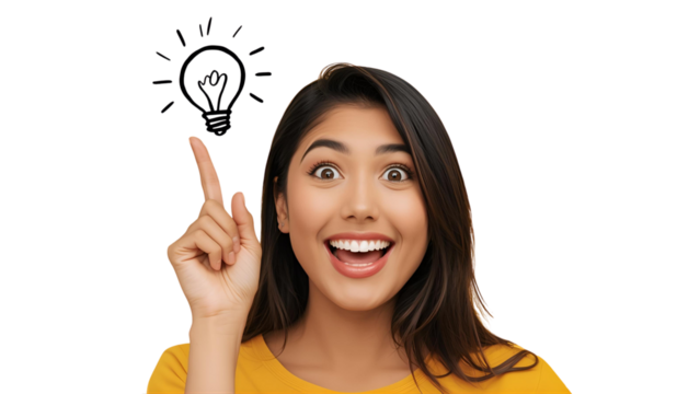 Sweatered woman gestures gladly, eyes alight with joy.