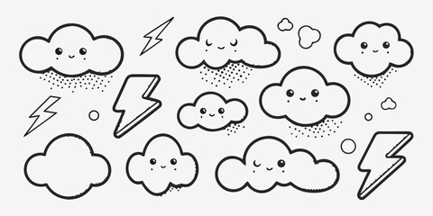Adorable Kawaii Weather Icons Featuring Smiling Clouds and Lightning Bolts Perfect for Children's Designs and Playful Branding Materials